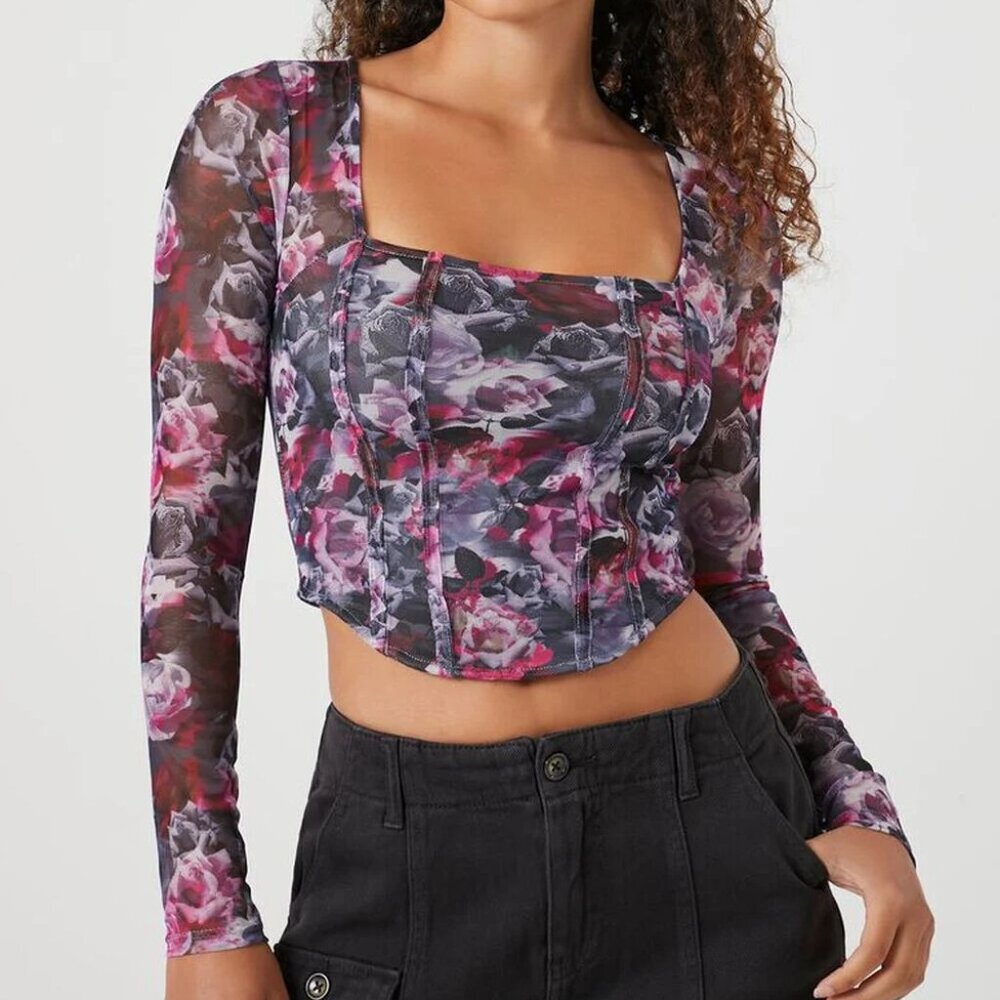 Medium Jolie & Joy by JCT Love Rose Print Mesh Crop Top Multi Color Floral Print
